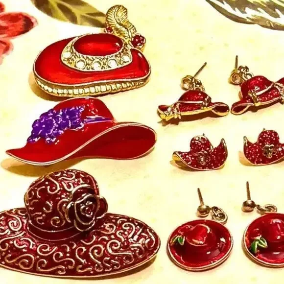VTG Red Hat Society Jewelry Lot Liz Claiborne Enamel Hat Brooch 3 Sets Earrings - Picture 1 of 9